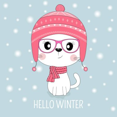 Mesaj Merhaba kış şapka ve pembe Gözlüklü Şirin beyaz kedi. T-shirtler için tatlı çocuklar grafik. Tebrik kartı.