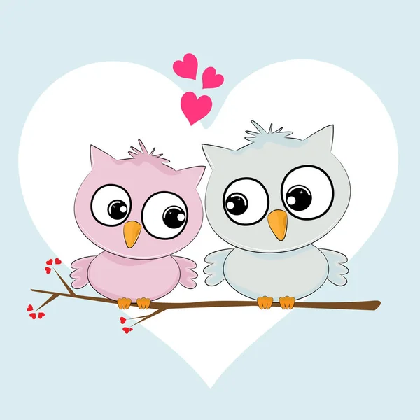 Gratulationskort Två Kärleksfulla Ugglor Lyckliga Fåglar Sitter Ett Träd Bild — Stock vektor