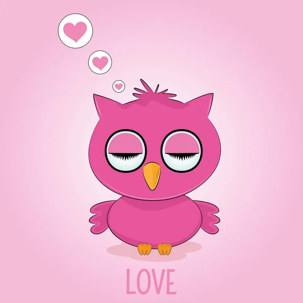 Fantasy Sleeping Red Bird Owl Isolated Pink Background Children Graphics — Stock Vector