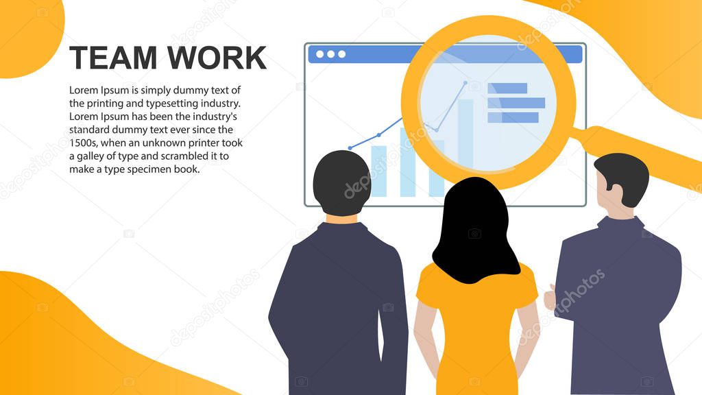 Flat design web landing page. Business analytics women and two men. Modern concepts for website and mobile website development. Vector illustration.