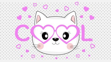 Pembe kalpler stil bardak serin bir kedi yüzü. Açık renkli siyah noktalar ve pembe kalpler. Düz tarzda çizilmiş vektör çizim.