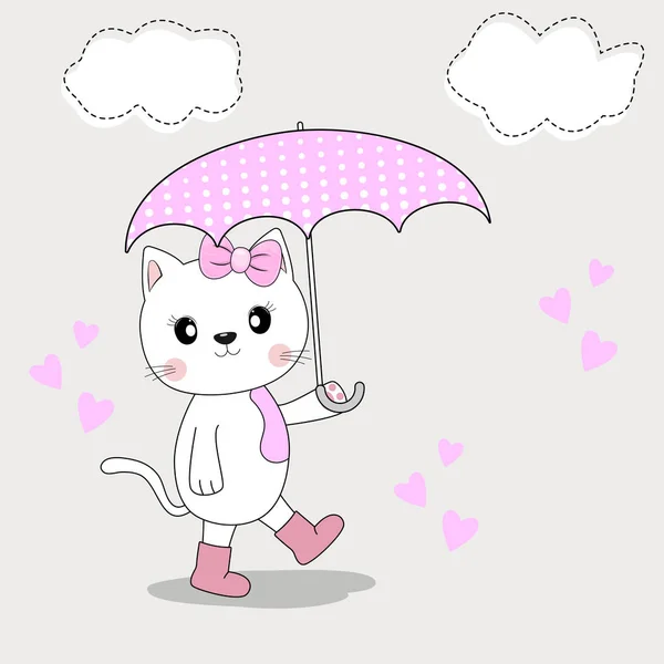 Chat Mignon Dans Saison Automne Bottes Avec Parapluie Fond Clair — Image vectorielle