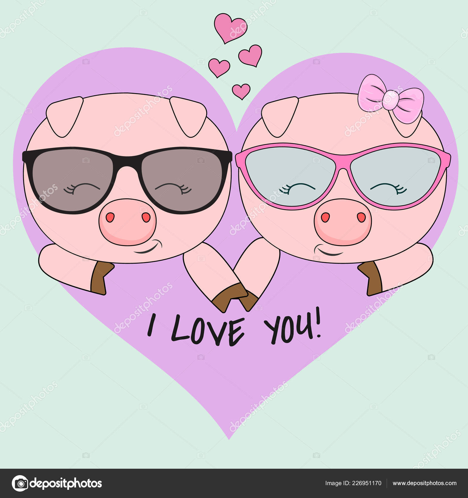 Cute Two Pigs Boy Girl Glasses Isolated Blue Background Pink