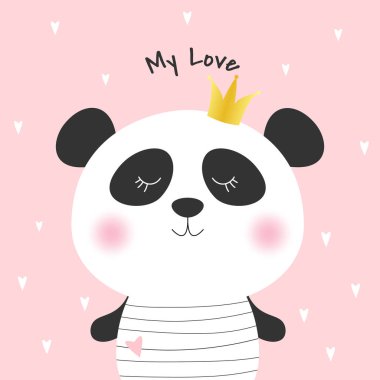 Sevimli çizgi panda Prenses ve yazıt aşkım. Pembe bir arka plan üzerinde sevimli teddy ile tebrik kartı. Vektör çizim.