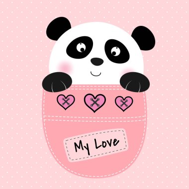 Bir cebinde oturan ve eğlence gülümseyen sevimli ayı panda. T-shirtler için tatlı çocuklar grafik. Tebrik kartı. Vektör çizim.