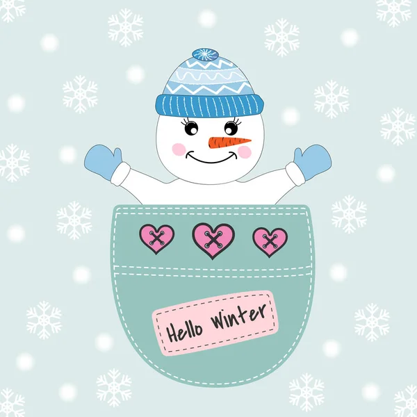 Niedlichen Schneemann Sitzt Einer Tasche Und Lächelt Spaß Süße Kindergrafik — Stockvektor