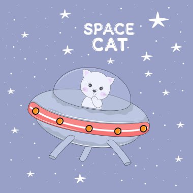 Şirin kedi astronot gizemli bir nesne içinde gökyüzü gece ufo.