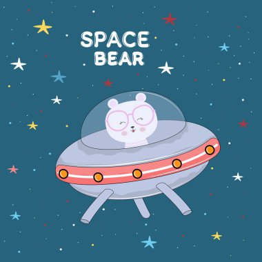 Sevimli ayı astronot gizemli bir nesne içinde gökyüzü gece ufo.