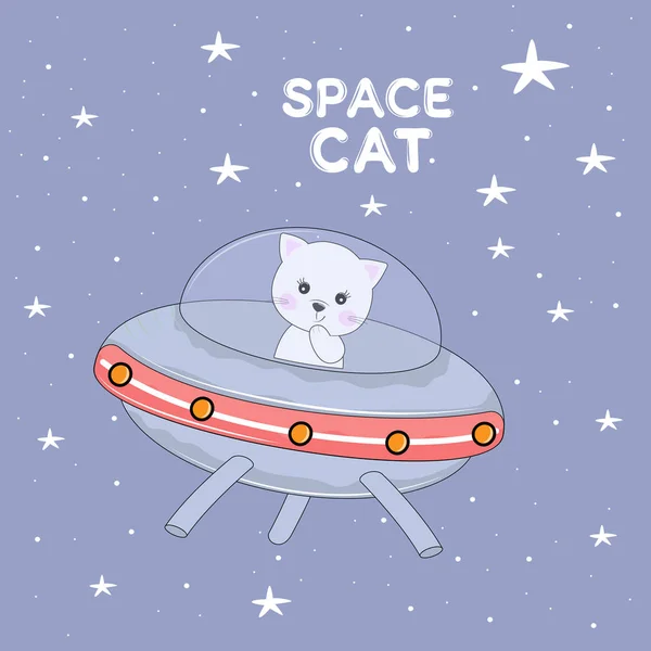 Ładny kot astronauta w tajemniczy obiekt ufo w nocy niebo. — Wektor stockowy