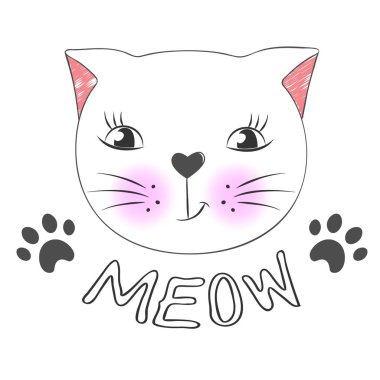 Sevimli çizgi kedi yüz ve yazıt miyav.
