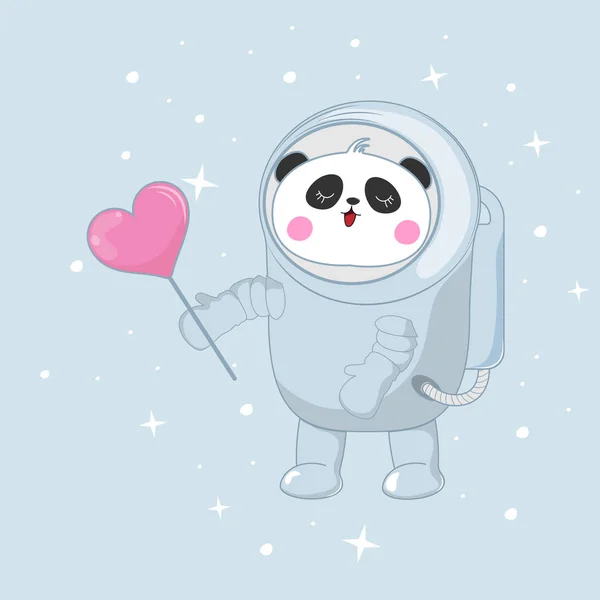 Милый смешной медведь панда астронавт в космосе с розовым сердцем . — стоковый вектор