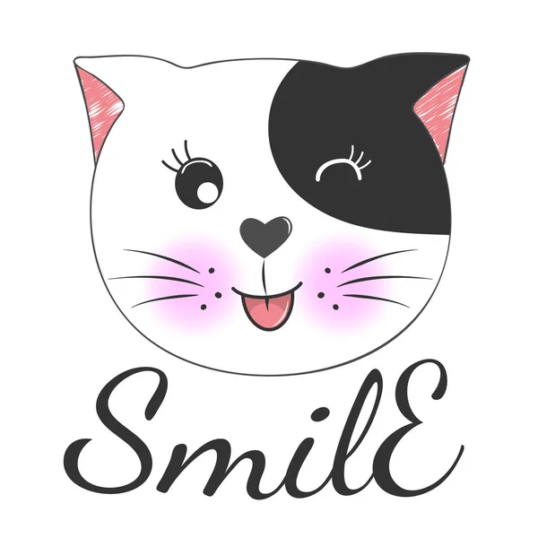 Linda cara de gato de dibujos animados y sonrisa de inscripción . — Vector de stock