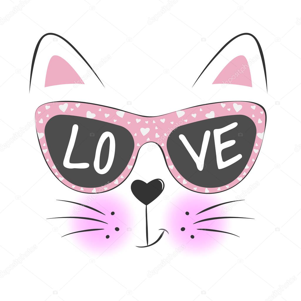 Lovely cute cat face in sunglasses, with text Love isolated object on white background.