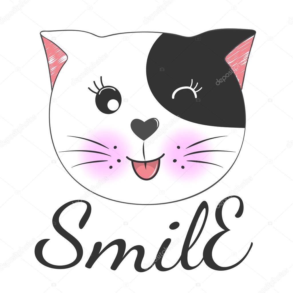 Cute cartoon cat face and inscription smile.