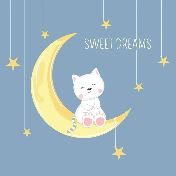 Niedliche Schlafende Kätzchen Sitzen Mond Süße Träume Gestaltungselement Grußkarte — Stockvektor