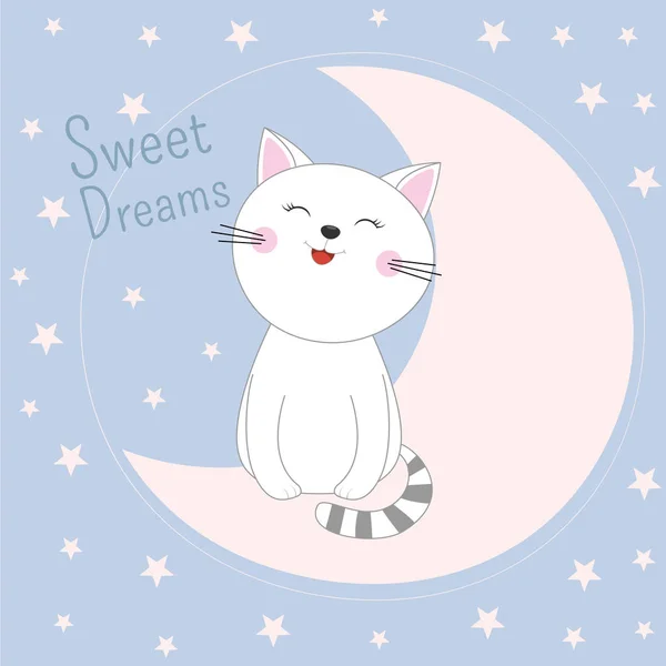 Gatinho Adormecido Bonito Sentado Lua Elemento Design Sonhos Doces Cartão — Vetor de Stock