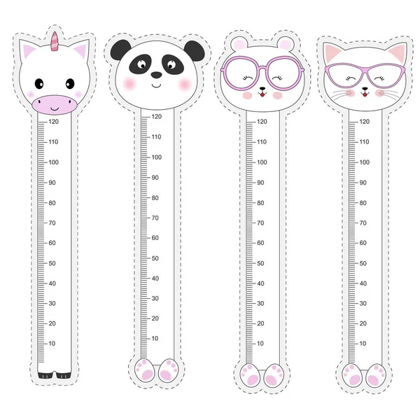 Vector Set Kids Meter Wall Cute Animals Unicorn Panda Bear — Stock Vector
