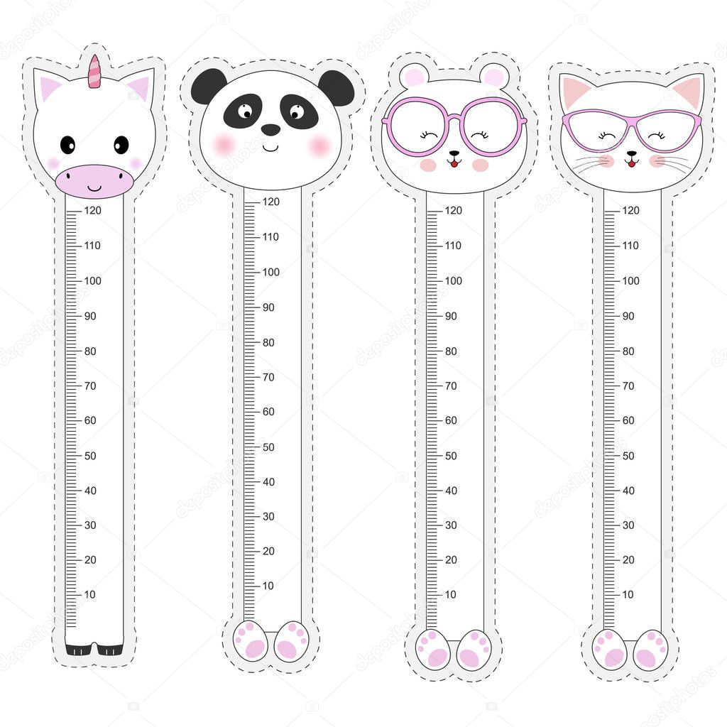 Vector set kids meter wall with a cute animals unicorn, panda, bear, cat and measuring ruler.