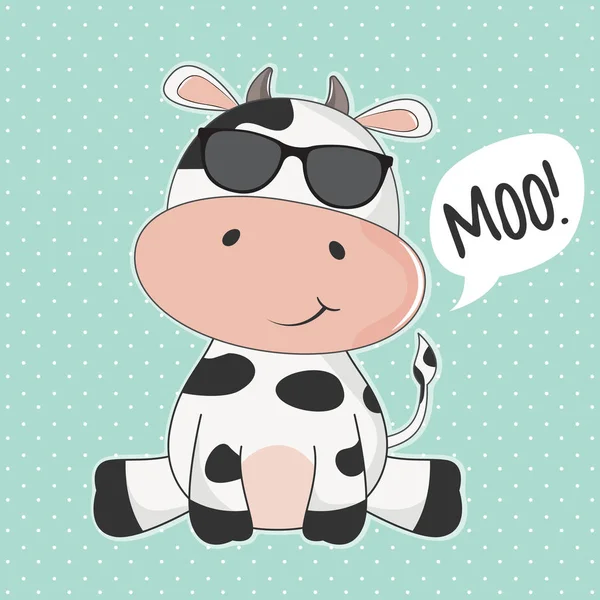 Grußkarte süße Kuh mit Sonnenbrille und Aufschrift moo. — Stockvektor
