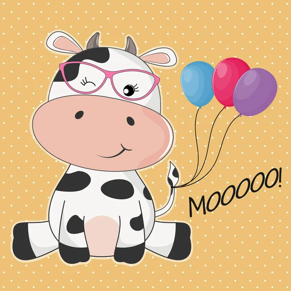 Tarjeta de felicitación linda vaca en gafas de sol y con globos de colores . — Vector de stock