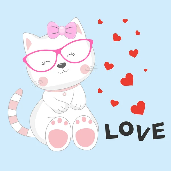 Grußkarte niedliche Baby-Katze mit Brille und einer Inschrift Liebe isoliert in weißem Hintergrund. — Stockvektor