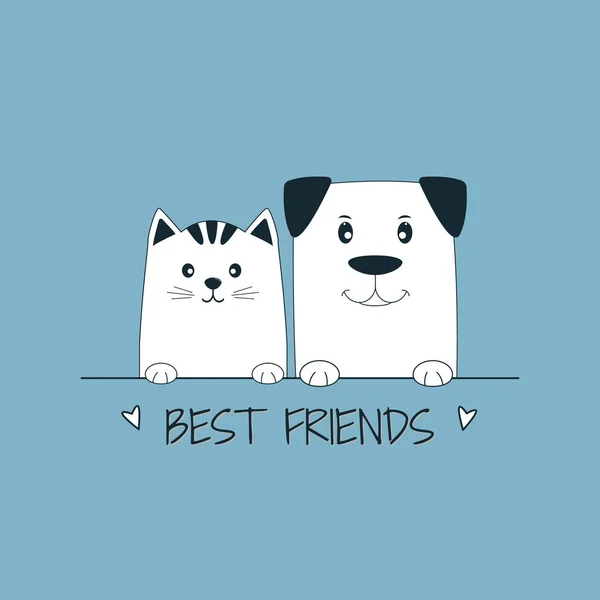 Face cat and dog best friends fundo azul . — Vetor de Stock