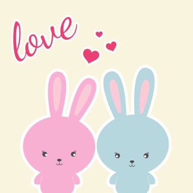 Beyaz bir arka plan ve sloganı aşk iki tavşan renkli. Düz tarzda çizilmiş vektör çizim. Çizim çocuk t-shirt için uygulanabilir.