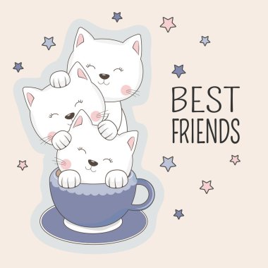 Kediler en iyi mavi fincan kahve Isolated pembe bir arka plan üzerinde oturan arkadaşlar.