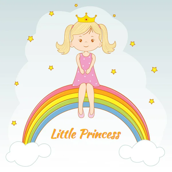 Mooi Lief Meisje Zittend Regenboog Prinsesje Wenskaart Afbeeldingen Voor Shirts — Stockvector