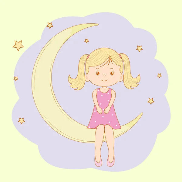 坐在月亮上的美丽的小女孩 T恤衫的图形 — 图库矢量图片