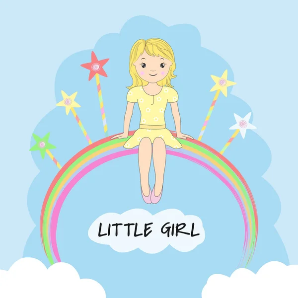 Schönes Kleines Mädchen Das Auf Dem Regenbogen Sitzt Grußkarte Grafiken — Stockvektor