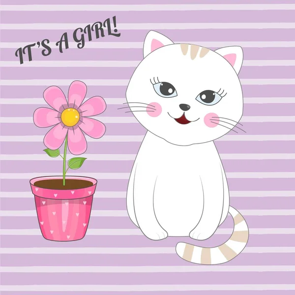 Çiçekli pembe çizgili bir arka plan üzerinde güzel kız kedi. — Stok Vektör