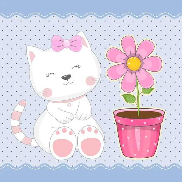 Beautiful girl kitten with flower on a blue background. — Stock Vector