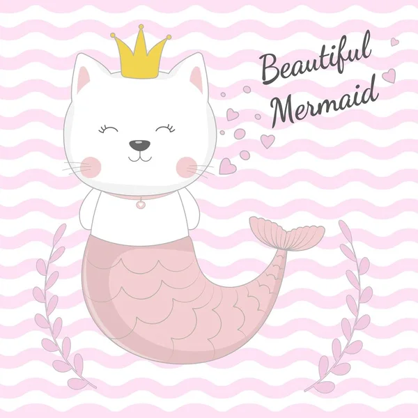 Dibujado a mano hermoso gato divertido sirena princesa en un aislado rosa rayas fondo . — Archivo Imágenes Vectoriales