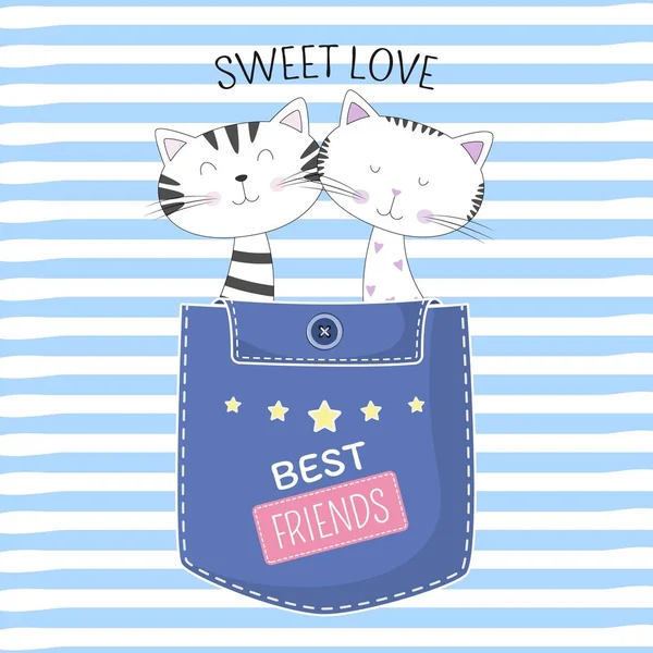 Прекрасные две кошки в кармане с текстом сладкая любовь на синем фоне . — стоковый вектор