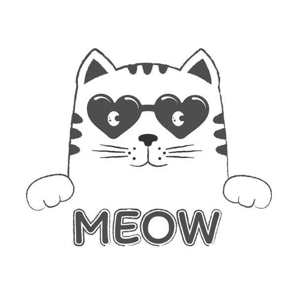 Adorable cara de gato de dibujos animados y la inscripción meow . — Vector de stock