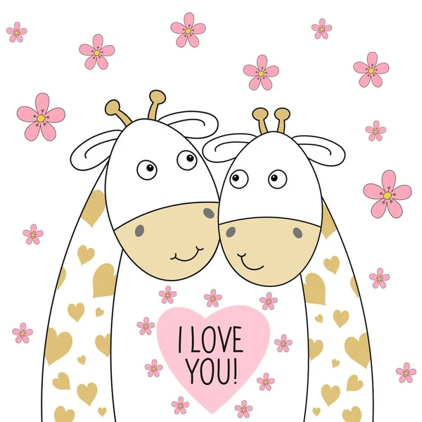 Two happy lovely giraffes on a flowers background. — Stock Vector