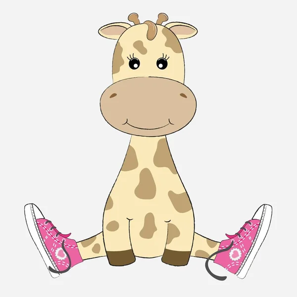 Adorable girafe assise dans des chaussures de sport isolées sur fond blanc . — Image vectorielle