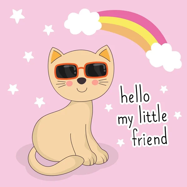 Adorable petit chat avec des lunettes de soleil sur fond rose. Bonjour mon petit ami. . — Image vectorielle