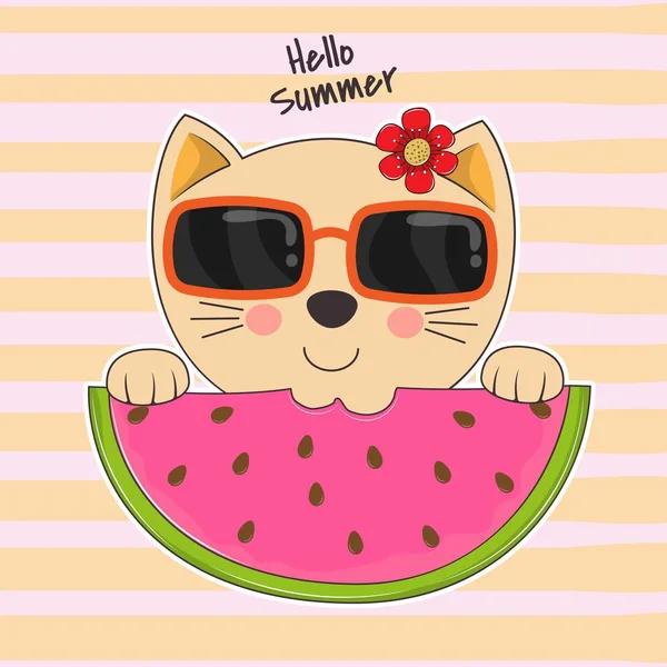 Adorable gatito en gafas de sol comiendo sandía. Hola verano . — Archivo Imágenes Vectoriales