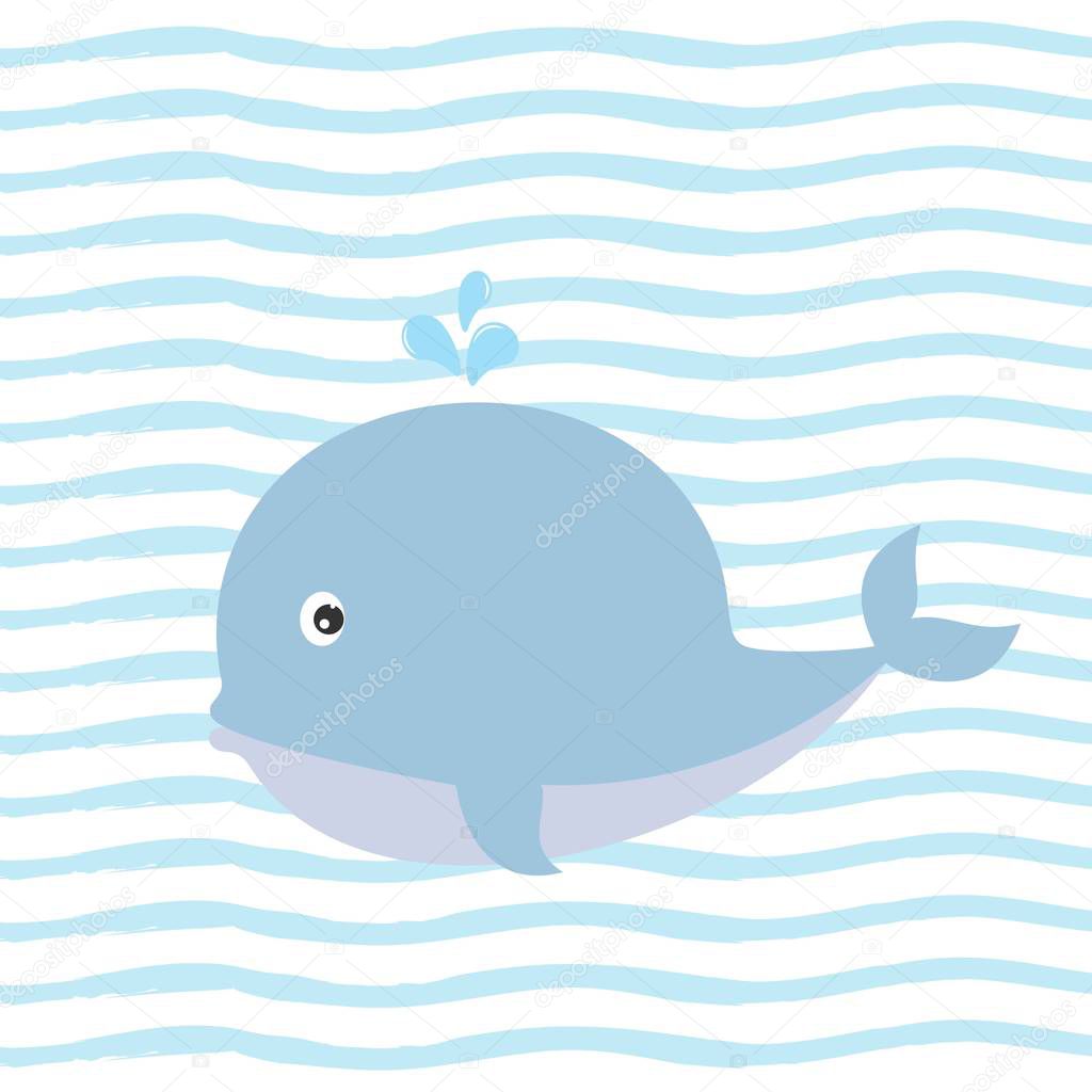 Greeting card with charming whale on background with blue stripes.