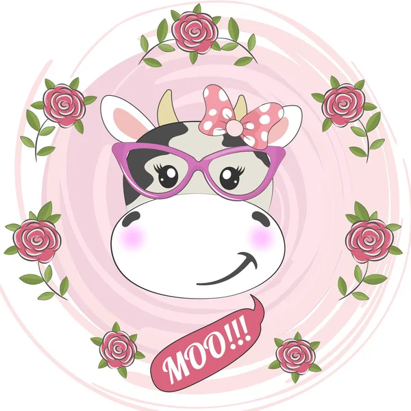 Entzückendes Gesicht niedliche Kuh in Brille und rosa Schleife isoliert auf rosa Hintergrund mit Blumen. — Stockvektor