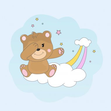 Bir bulutun üzerinde oturan güzel dabbing ayı ve aşk hayalleri.