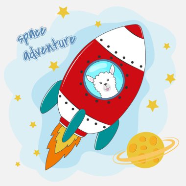 Sevimli komik lama astronot bir roket üzerinde uçan.
