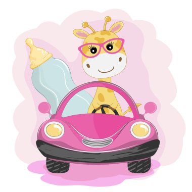 Süt ile bebek şişesi ile Komik zürafa araba ile gitmek