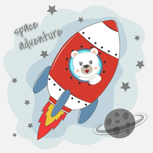Śliczne śmieszne niedźwiedź astronauta pływające na rakiecie. — Wektor stockowy
