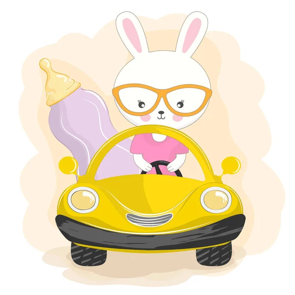 Rolig kanin med nappflaska med mjölk gå med bil. — Stock vektor
