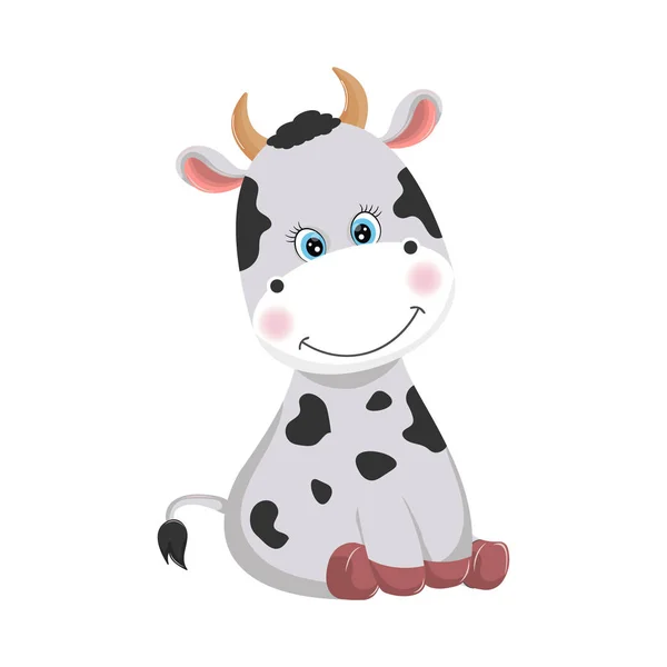 Flat style of a cute funny cow. Cartoon farm domestic mammal. Isolated objects on white background. — Stock Vector