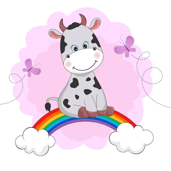 Funny happy cute cow is sitting on a rainbow. — Stock Vector