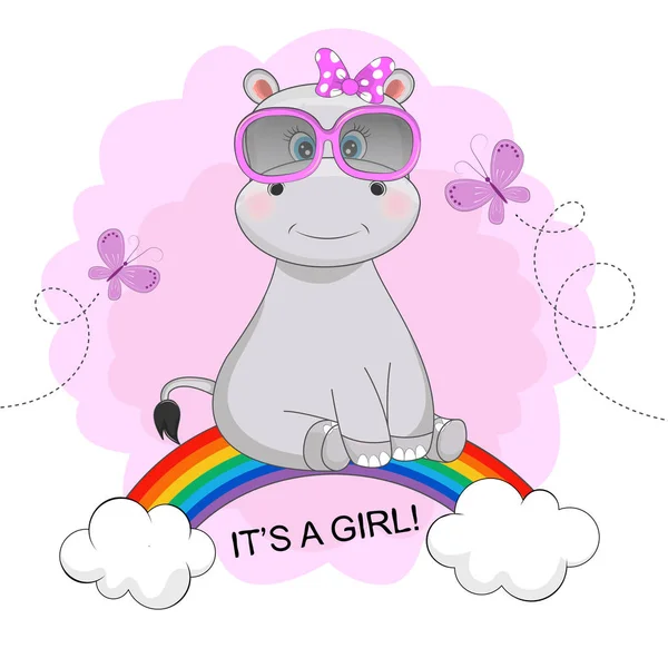 Funny Happy söt flodhäst flicka i solglasögon sitter på en regnbåge. — Stock vektor